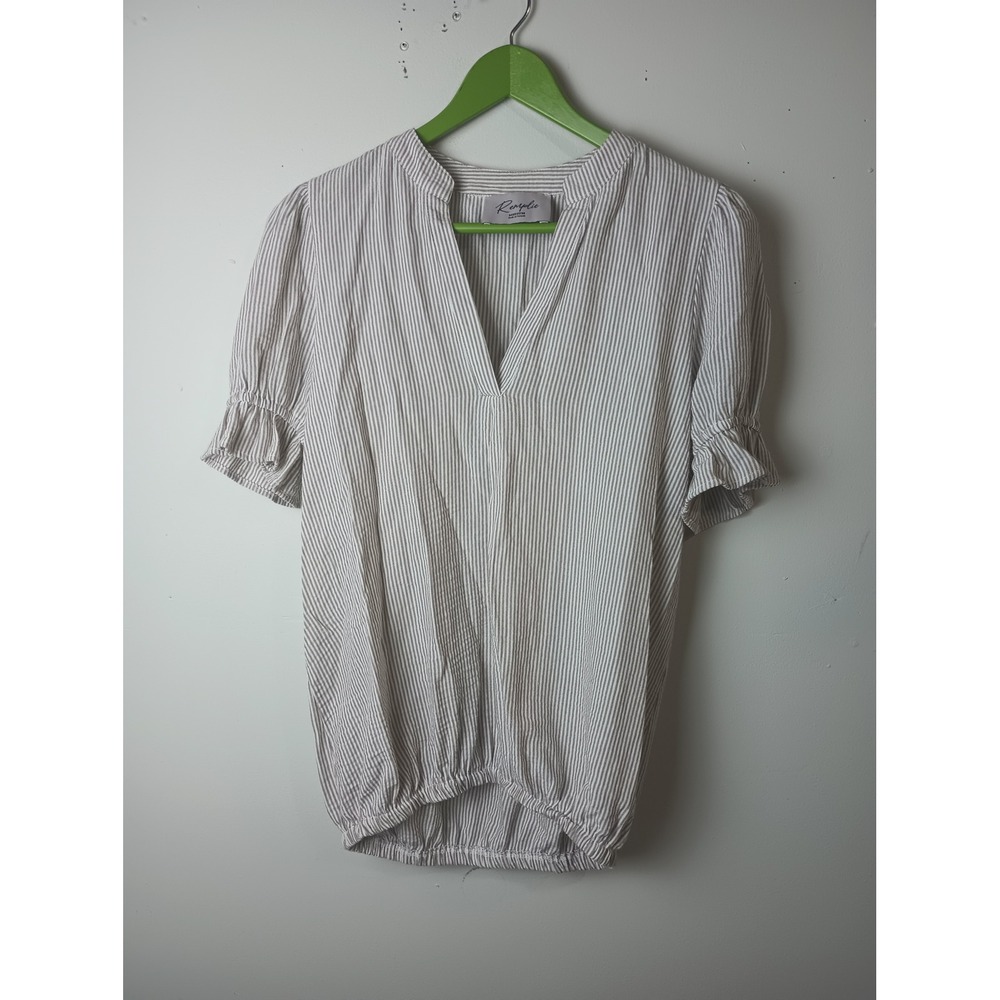 Remplie Tan White Striped Puff Sleeve Bubble Hem Blouse T12367 Womens Medium